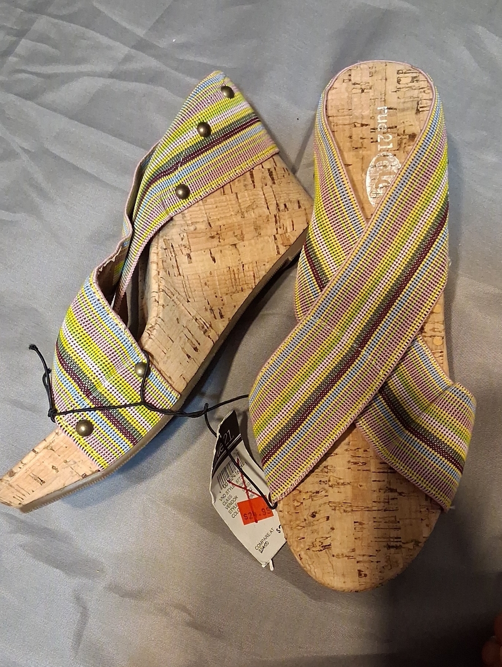 Rue21 Striped Cork Wedge Sandals in Yellow, Green and Tan